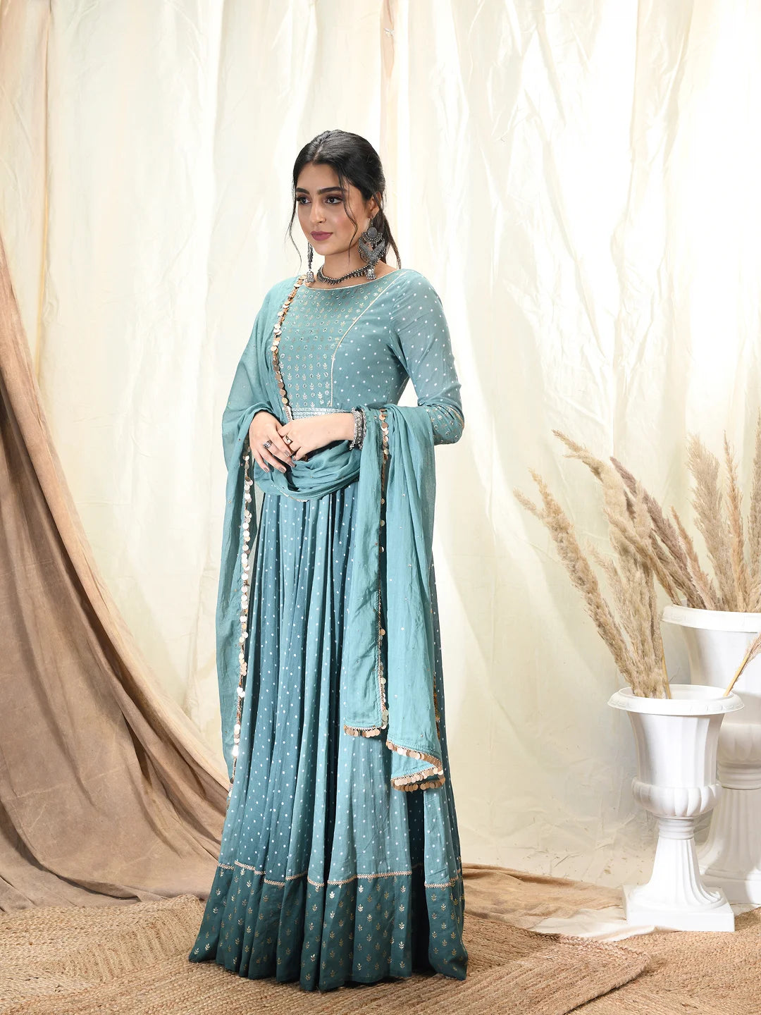 Polka dot & leaf printed anarkali set