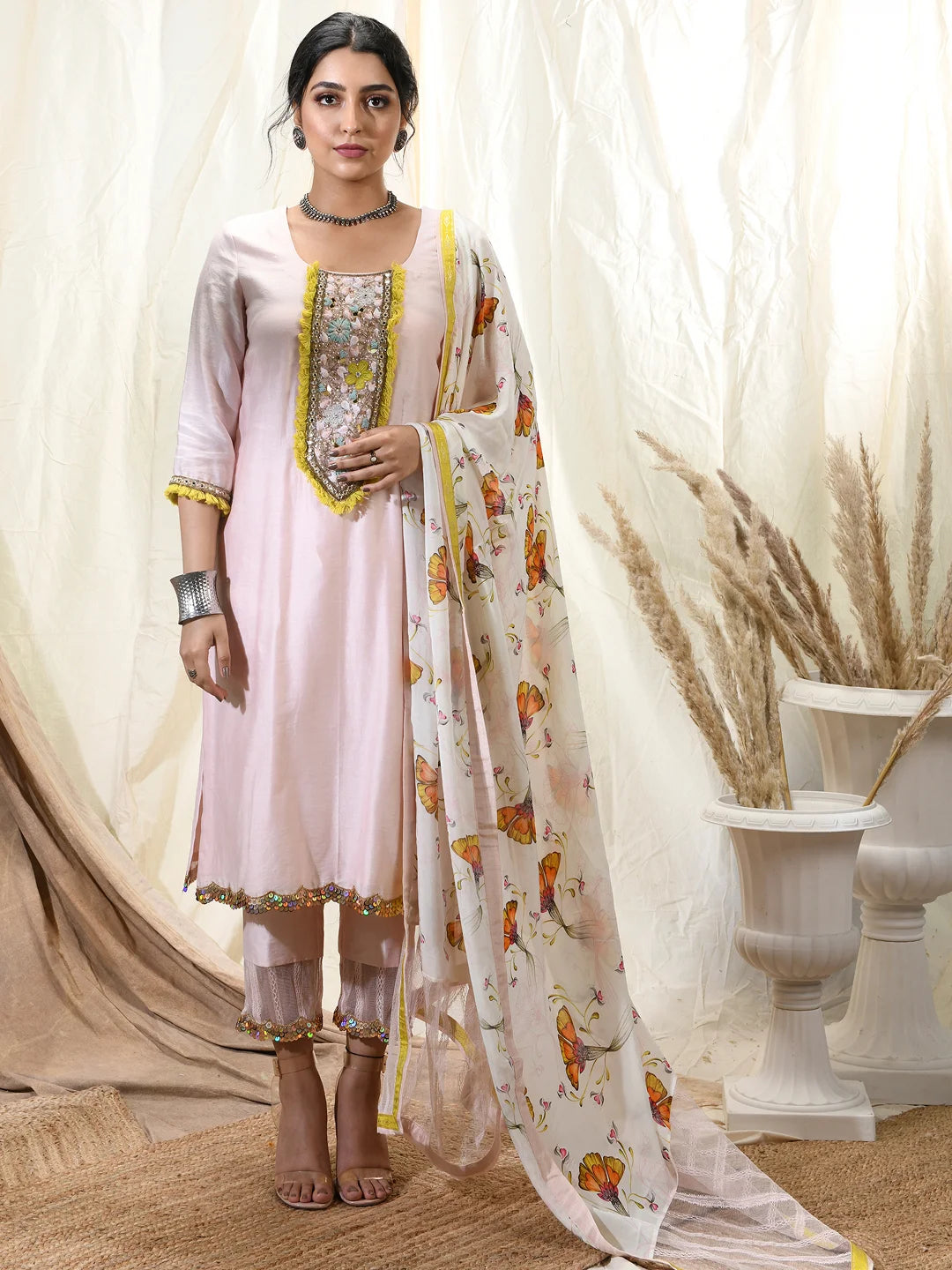 Blush pink chanderi kurta set with pastel embroidery