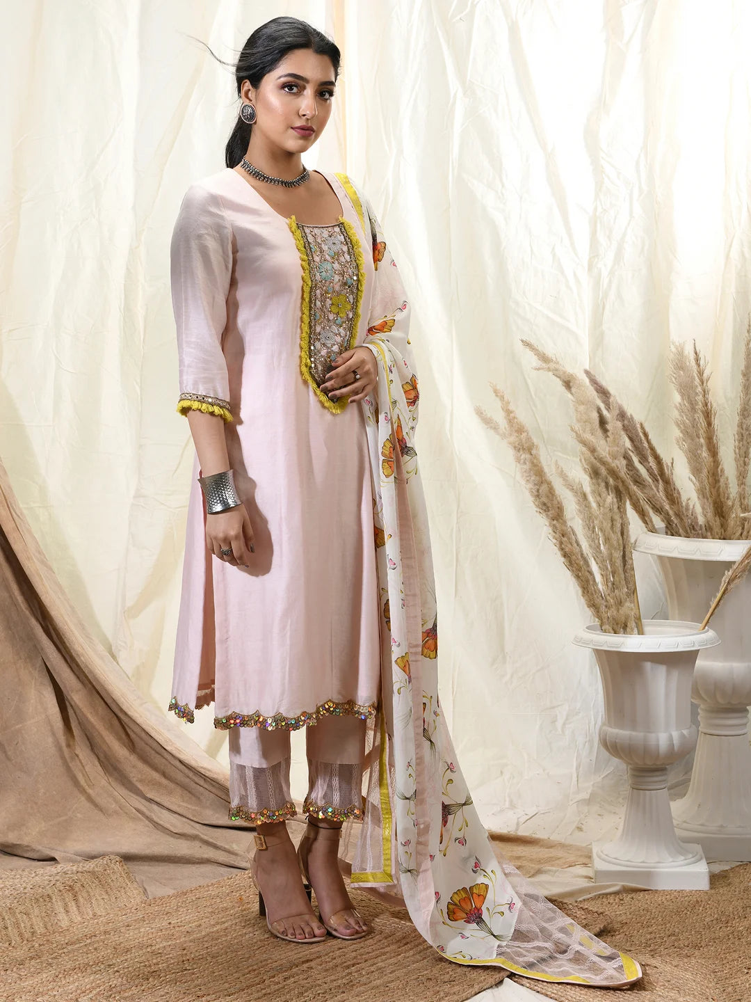 Blush pink chanderi kurta set with pastel embroidery