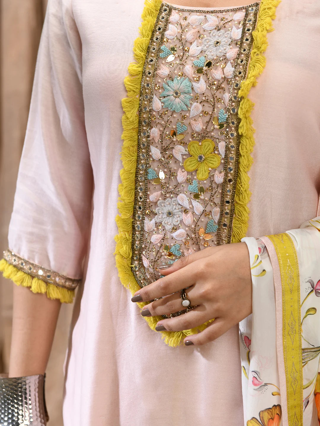 Blush pink chanderi kurta set with pastel embroidery