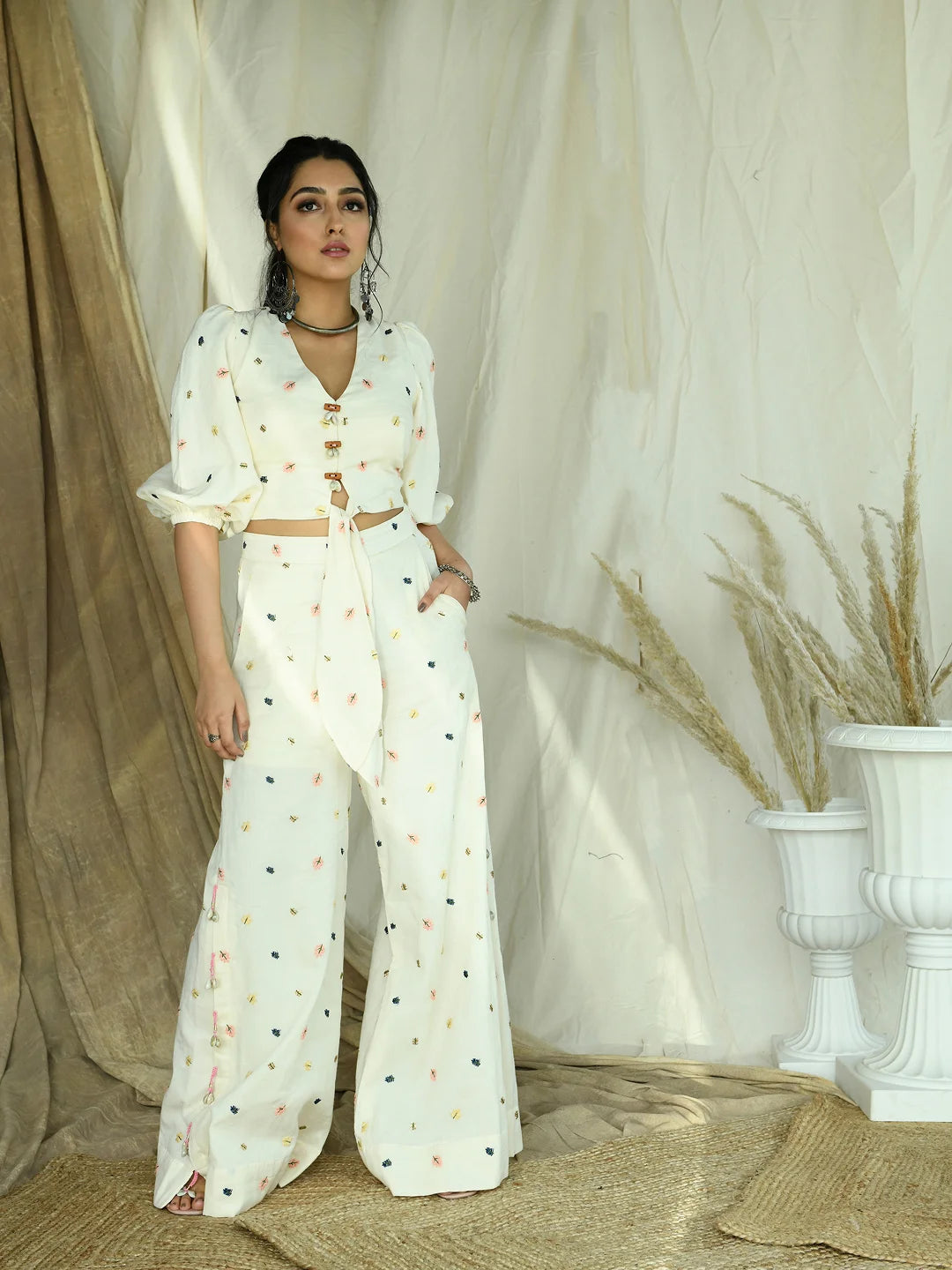 Leaf embroidered pallazos with front knot top