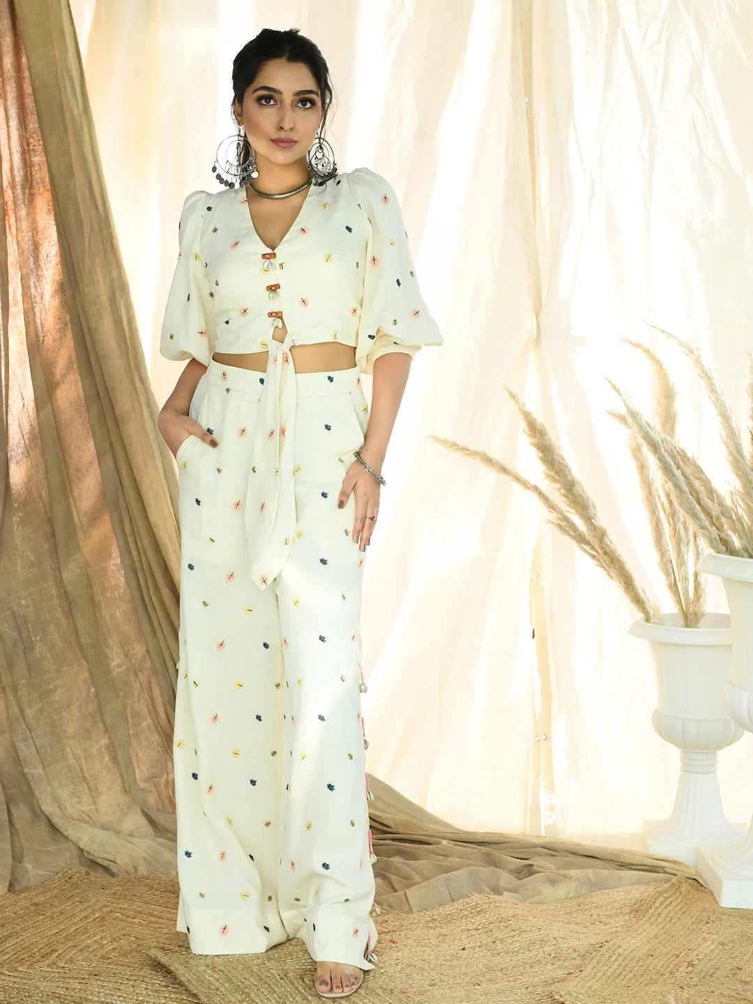Leaf embroidered pallazos with front knot top
