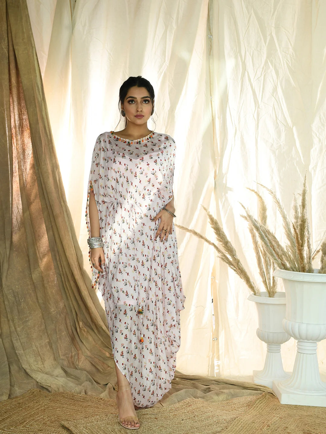 Baby pink floral print & brocade kaftan