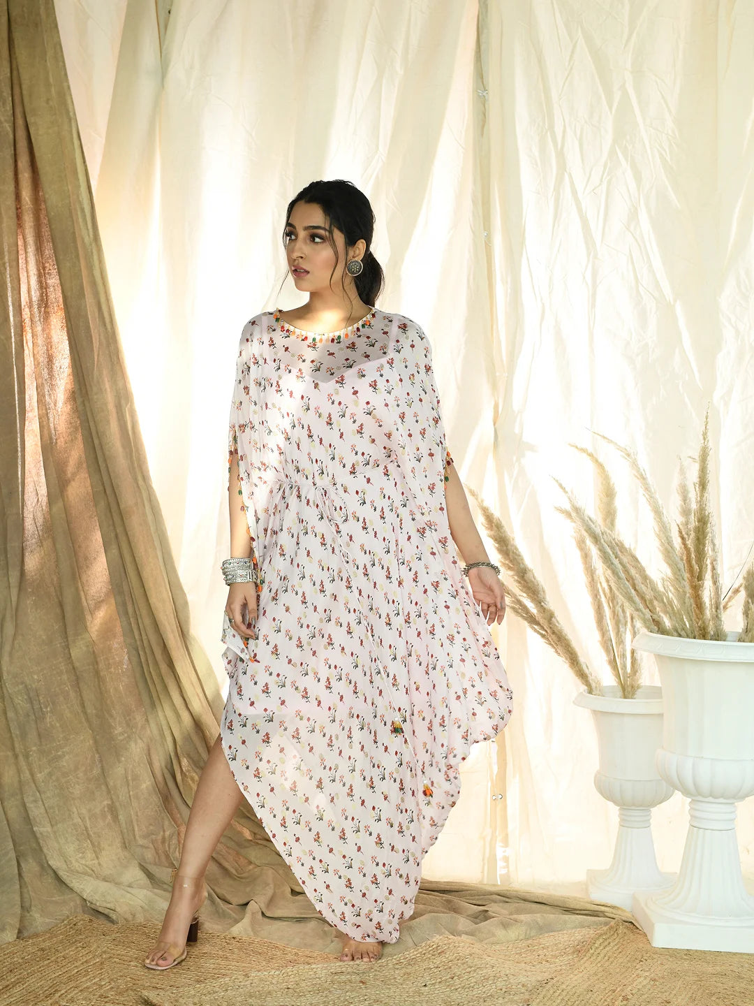 Baby pink floral print & brocade kaftan