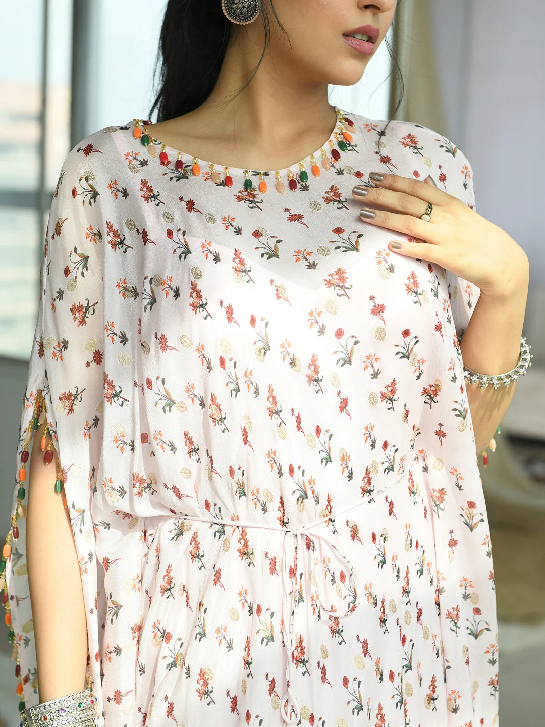 Baby pink floral print & brocade kaftan