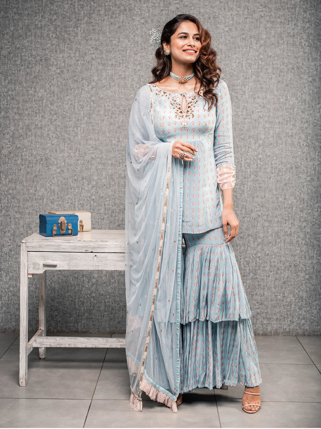 Blue printed sharara and kurta set