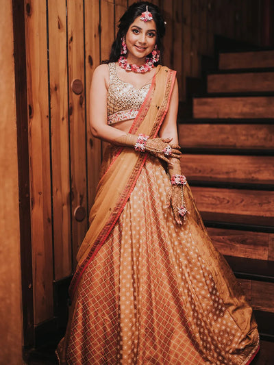 Mustard printed lehenga with embroidered blouse and dupptta set