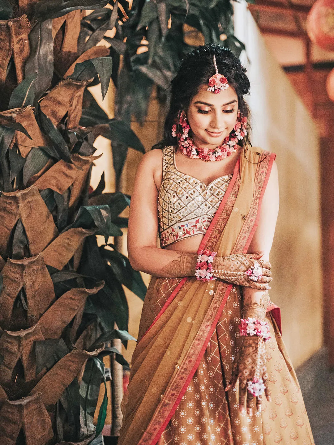 Mustard printed lehenga with embroidered blouse and dupptta set