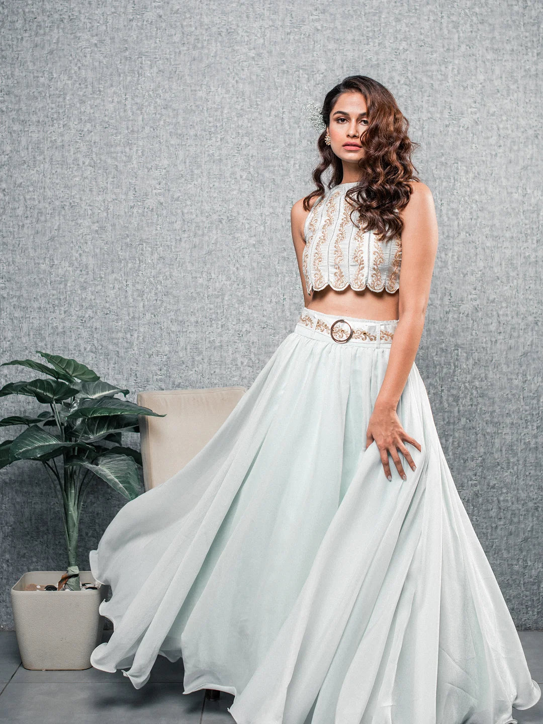 Blue embroidered croptop and skirt set with belt