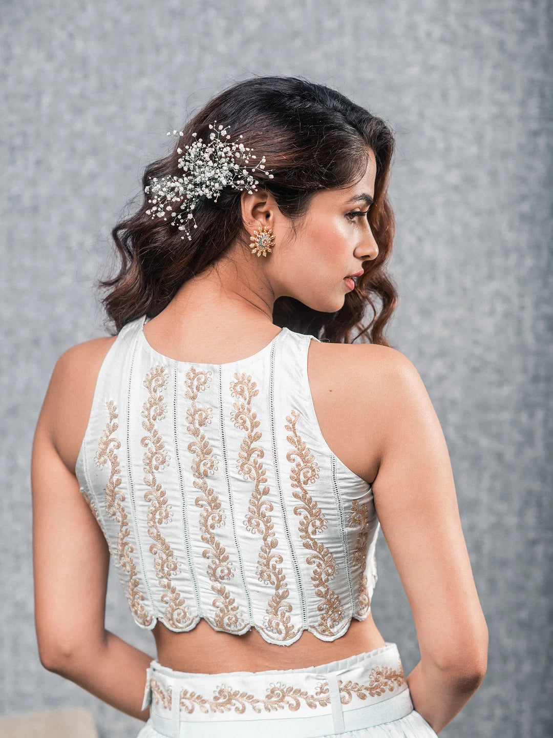 Blue embroidered croptop and skirt set with belt