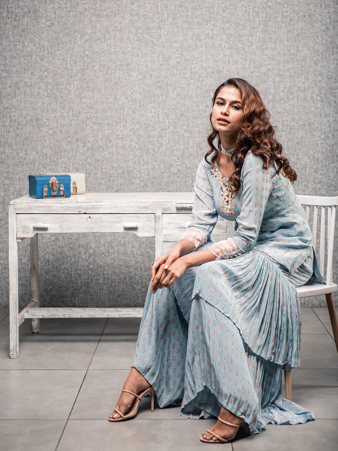 Blue printed sharara and kurta set
