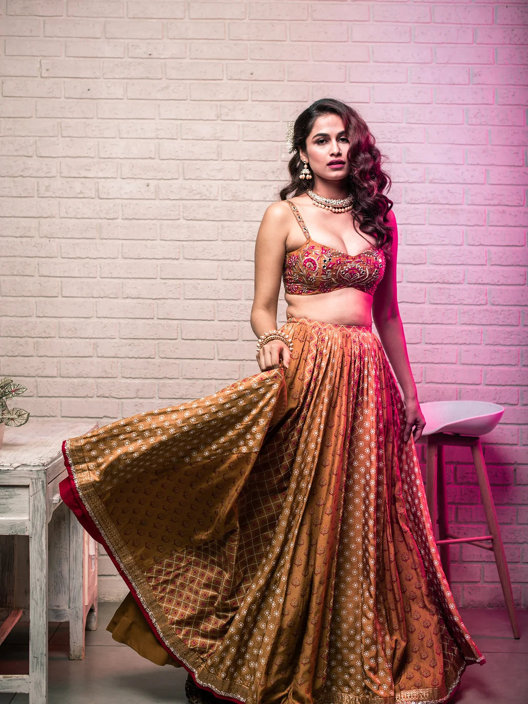 Mustard motif print & embroidered lehenga set