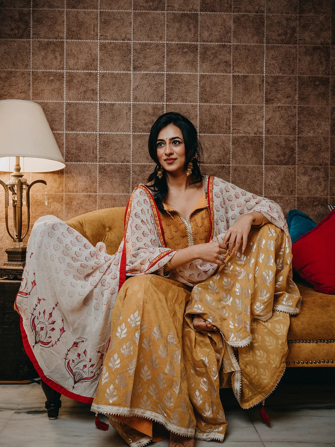 Mustard printed kurta and sharara set with dupatta.