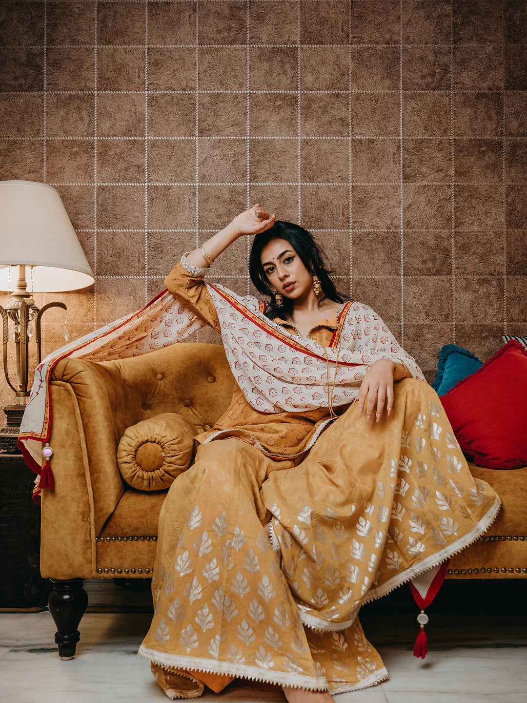 Mustard printed kurta and sharara set with dupatta.