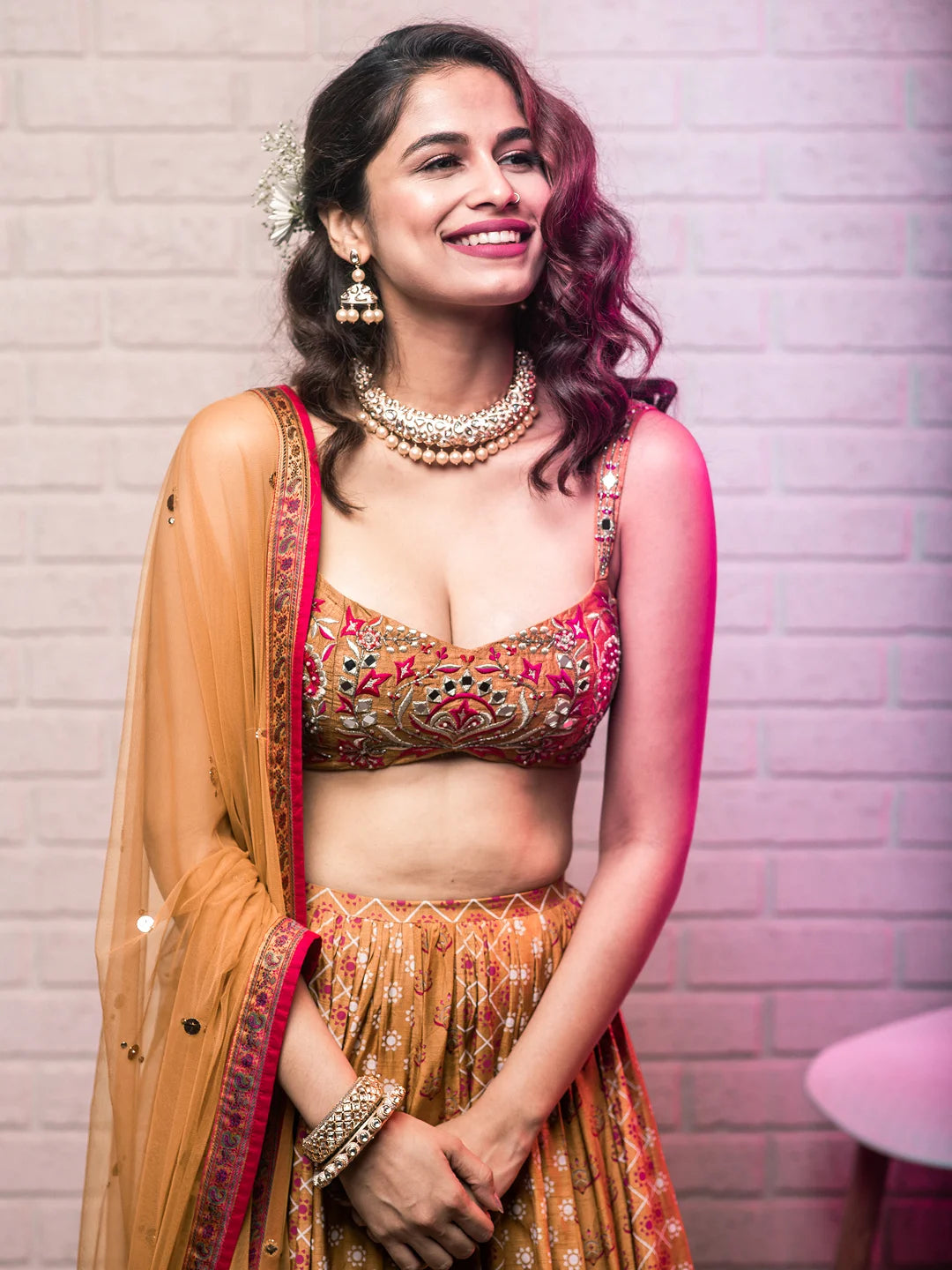 Mustard motif print & embroidered lehenga set