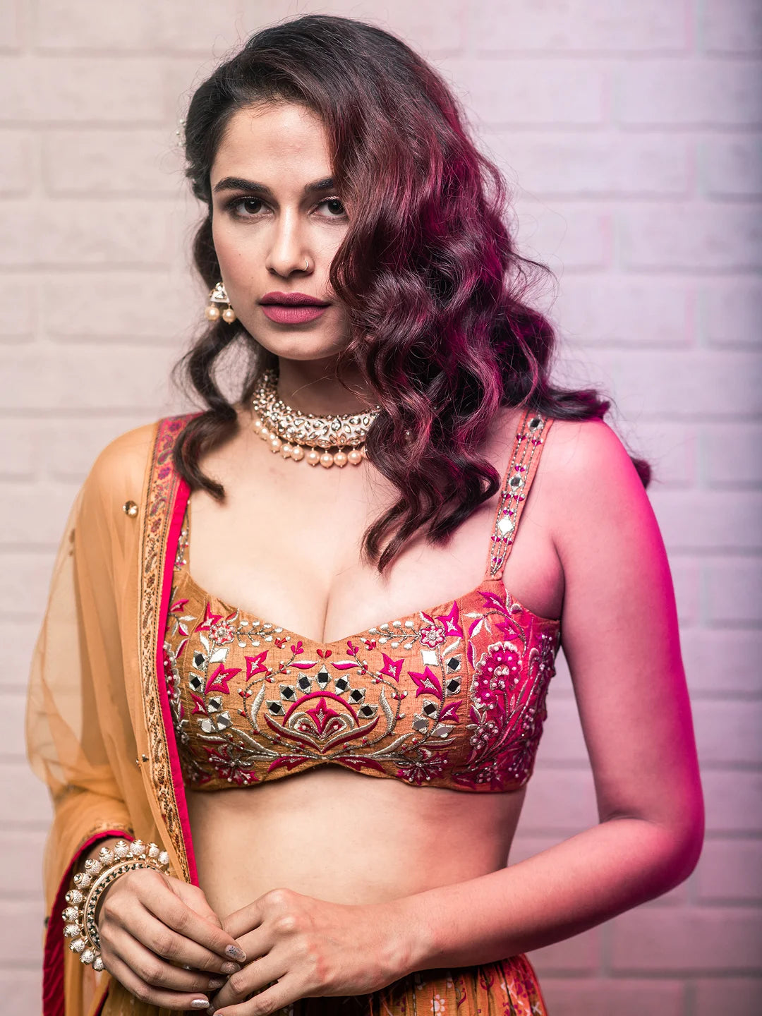 Mustard motif print & embroidered lehenga set