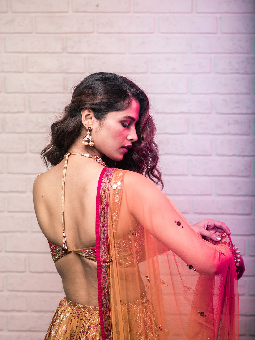 Mustard motif print & embroidered lehenga set