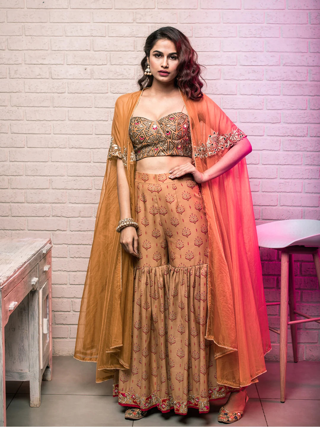 Mustard sharara set with embellished cape