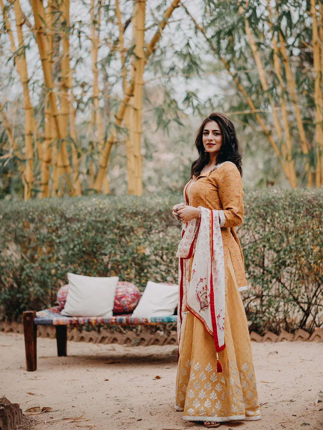 Mustard printed kurta and sharara set with dupatta.