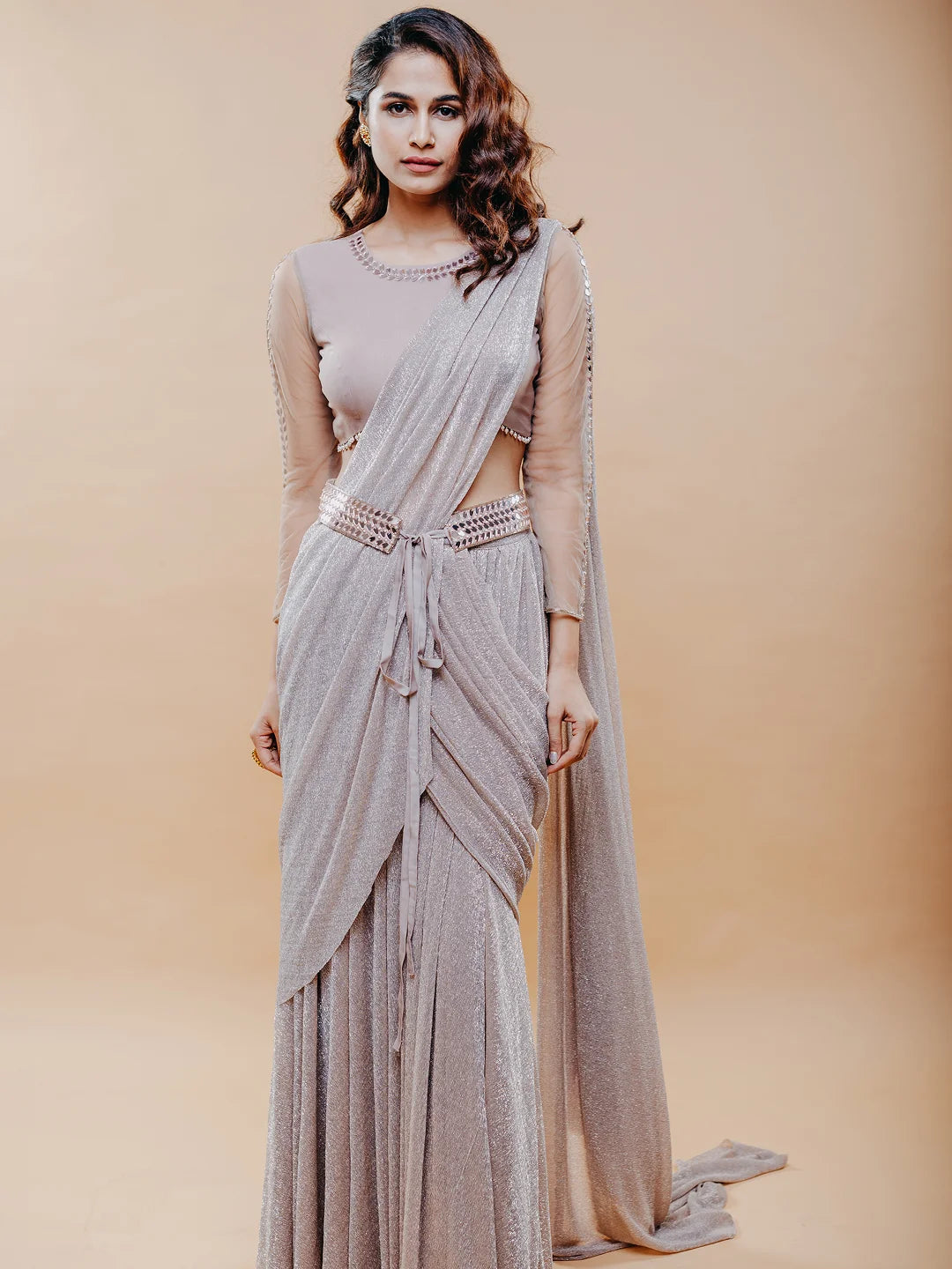 Rose gold shimmer draped skirt saree set