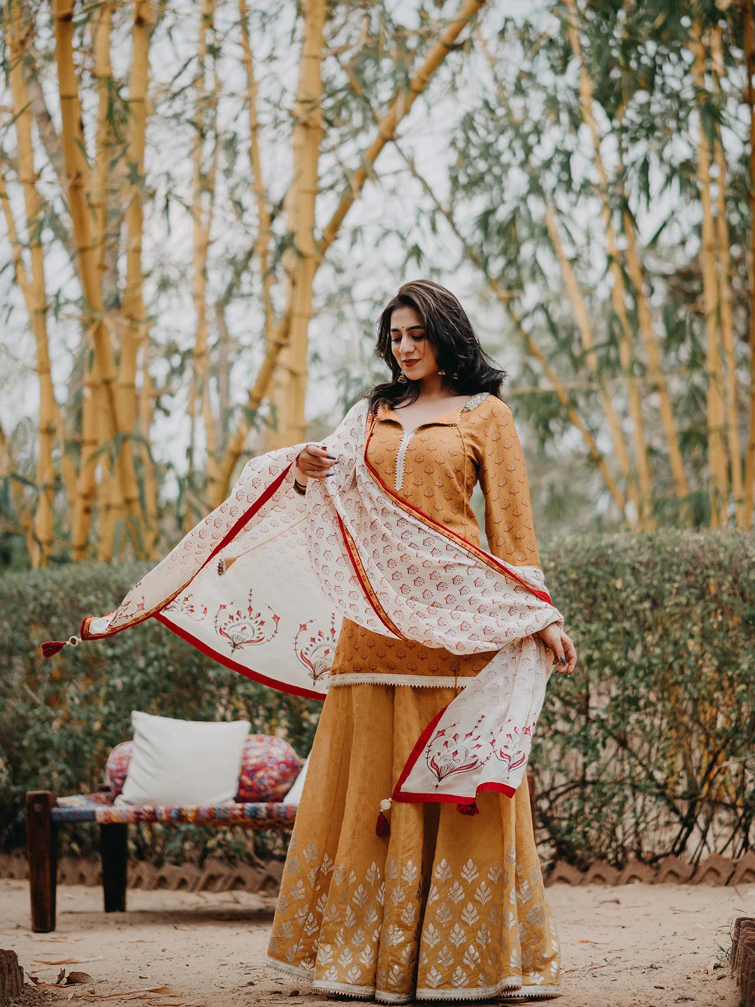 Mustard printed kurta and sharara set with dupatta.