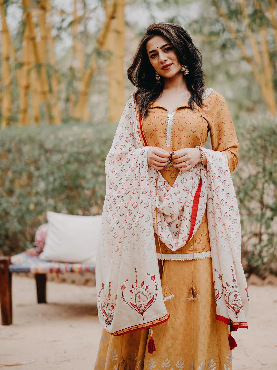 Mustard printed kurta and sharara set with dupatta.