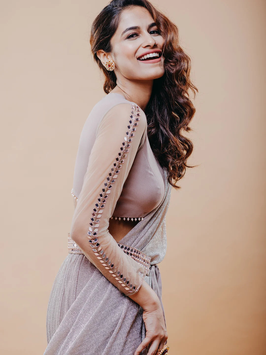 Rose gold shimmer draped skirt saree set