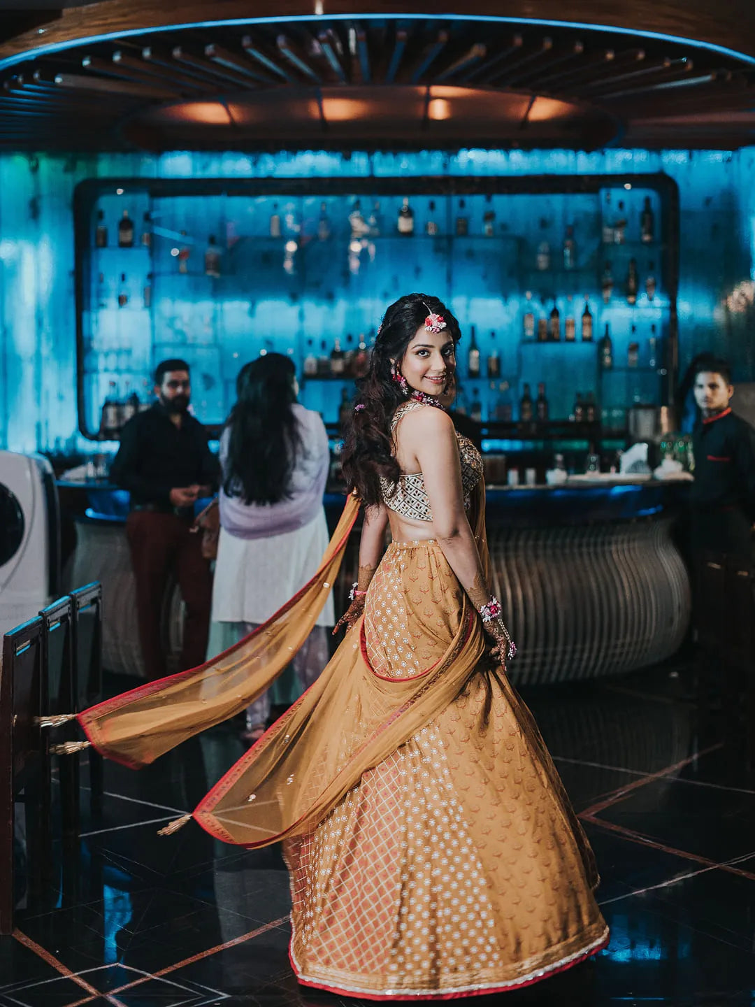 Mustard printed lehenga with embroidered blouse and dupptta set