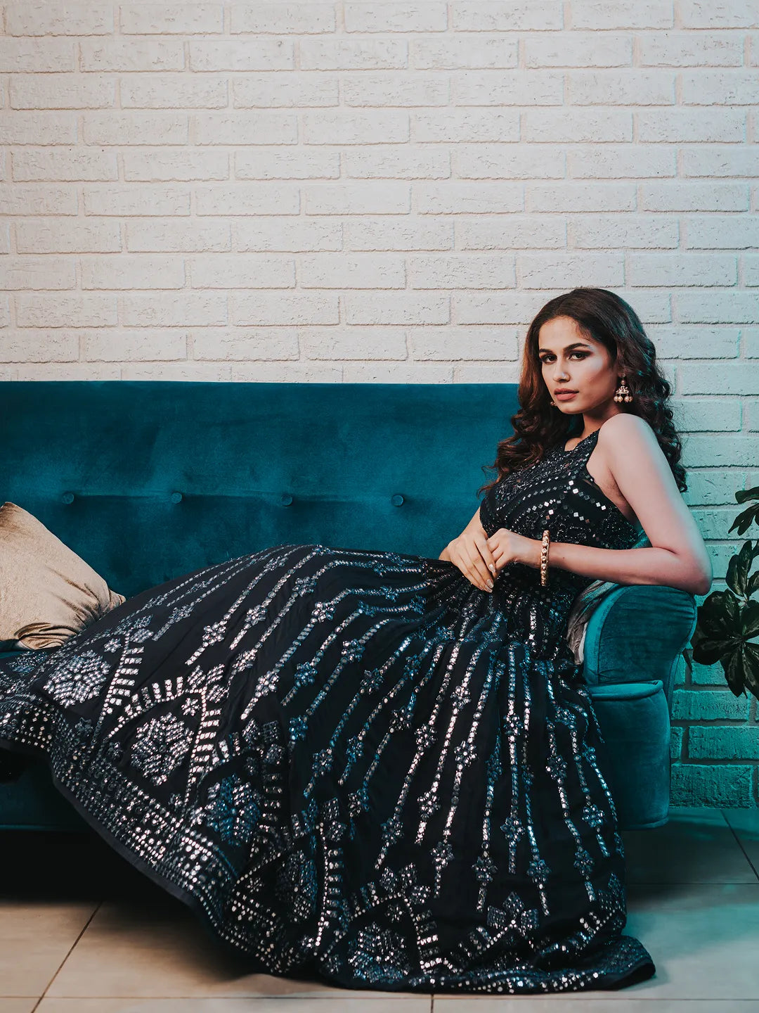 Blue foil work lehenga with halter hand embroiderd blouse