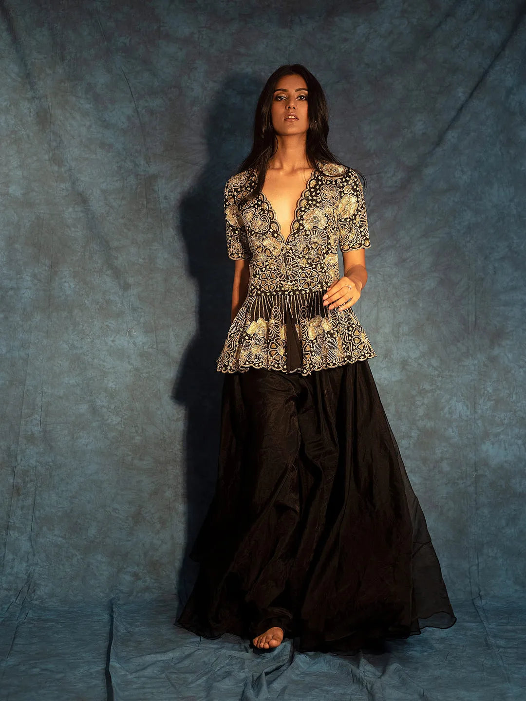 Black floral peplum lehenga