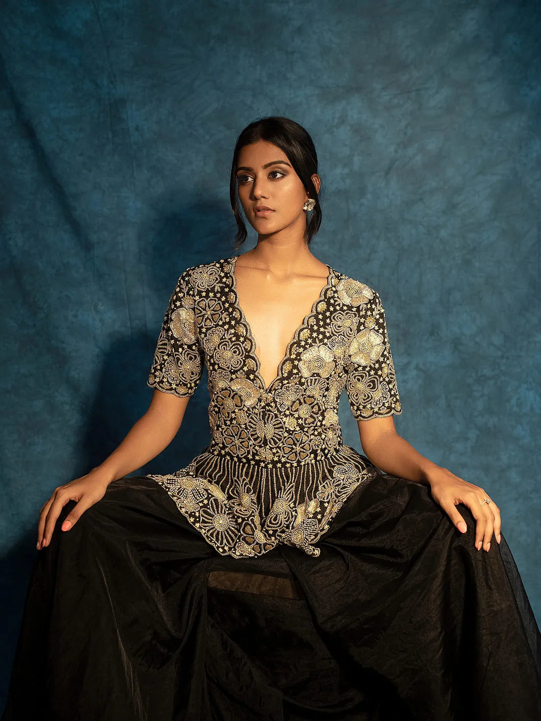 Black floral peplum lehenga