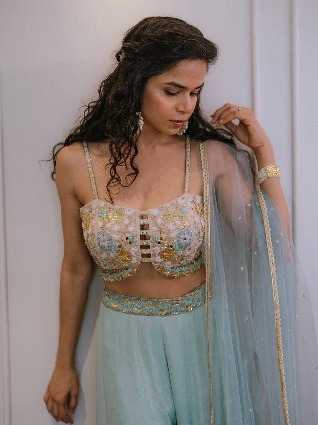 Blue pallazos with strappy  embroidered blouse and dupatta set