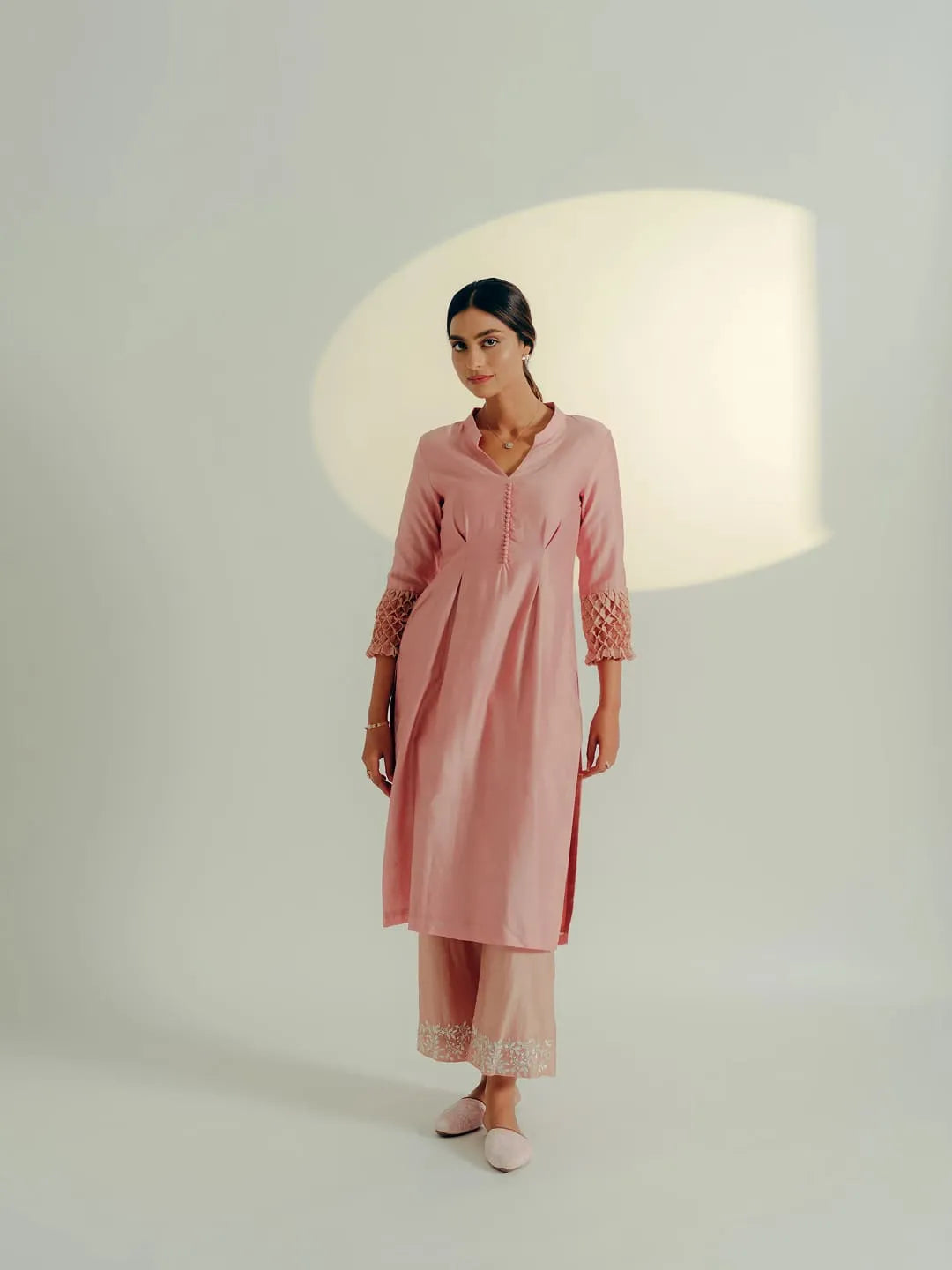 Onion pink thread & pearl embroidered kurta set