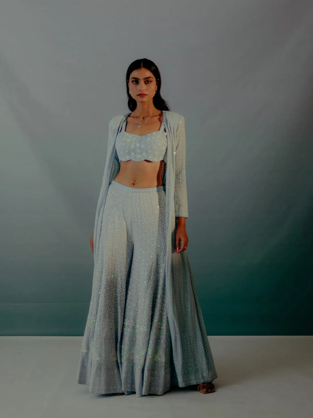 Powder blue lucknowi jacket & sharara set