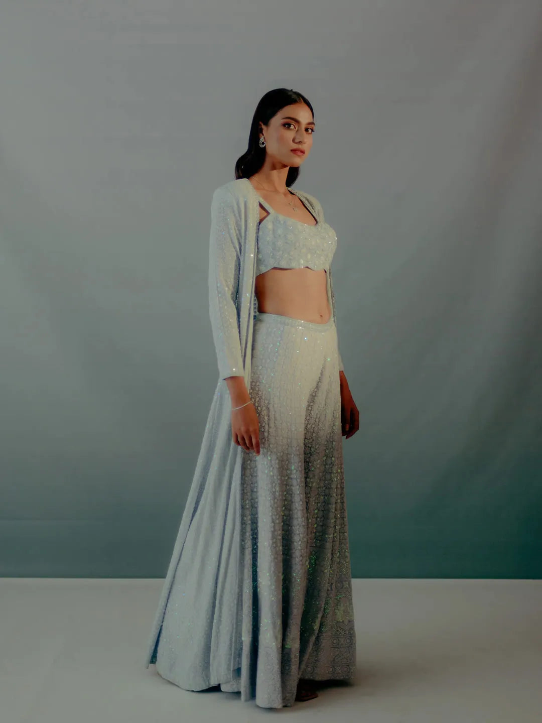 Powder blue lucknowi jacket & sharara set