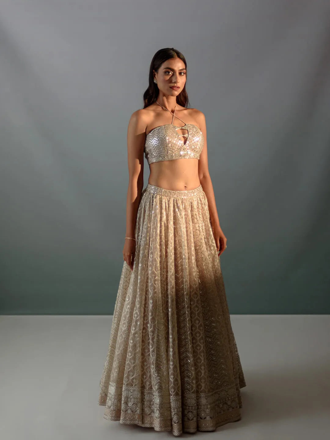 Nude cream gota & sequin lehnega set