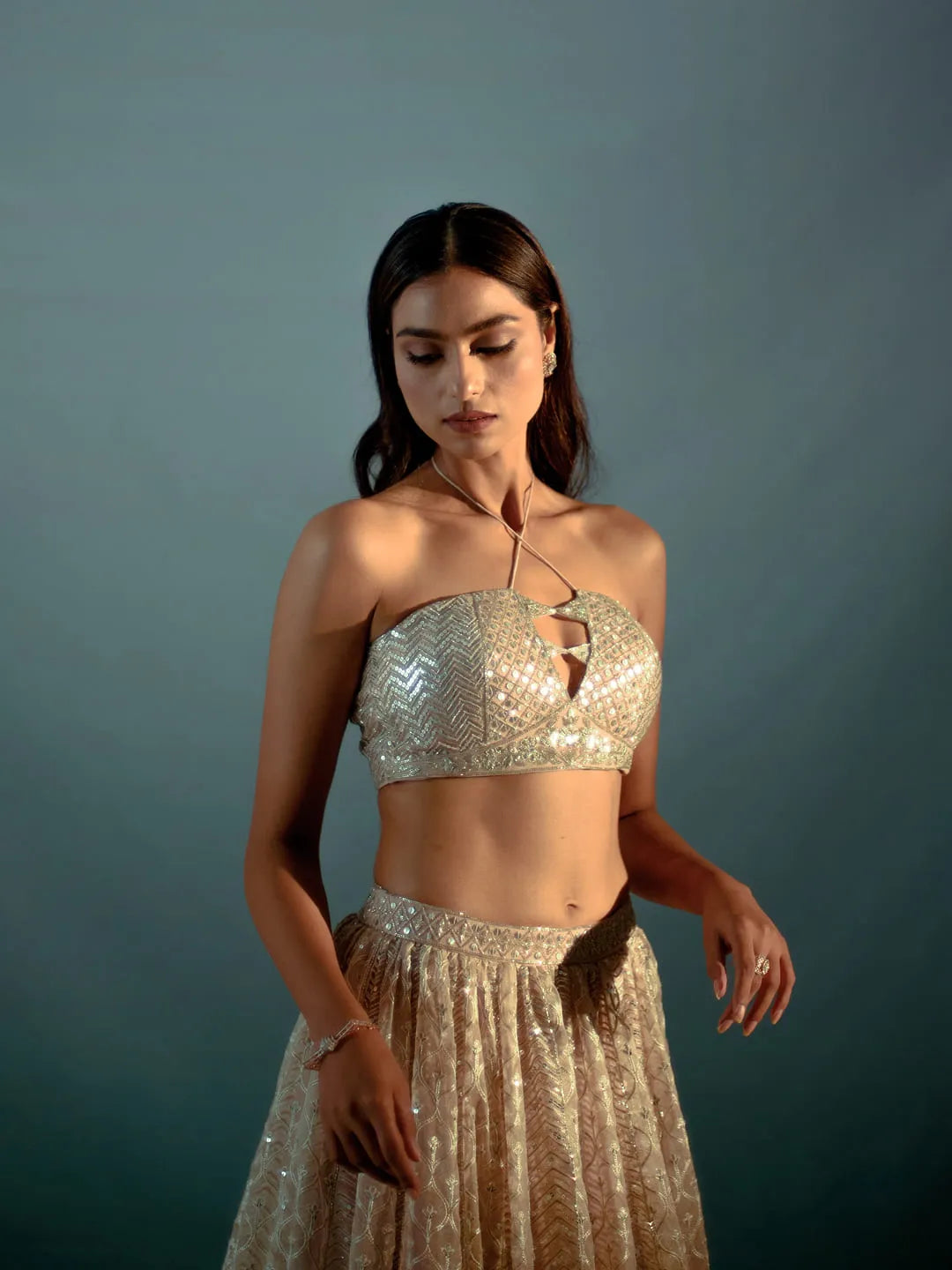 Nude cream gota & sequin lehnega set