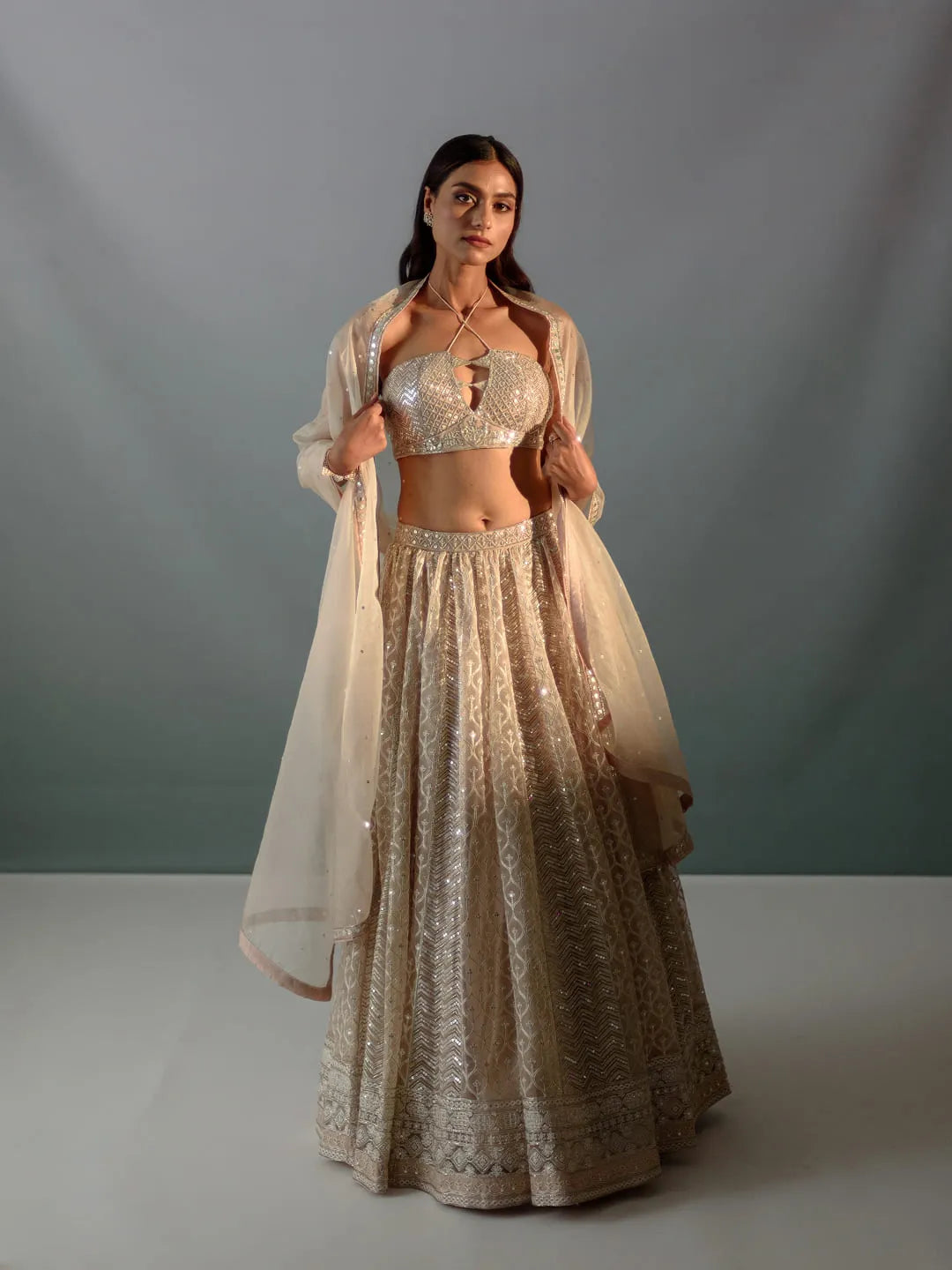 Nude cream gota & sequin lehnega set