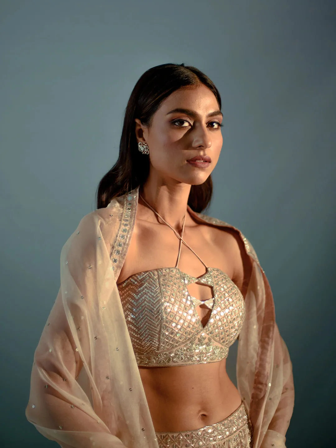 Nude cream gota & sequin lehnega set