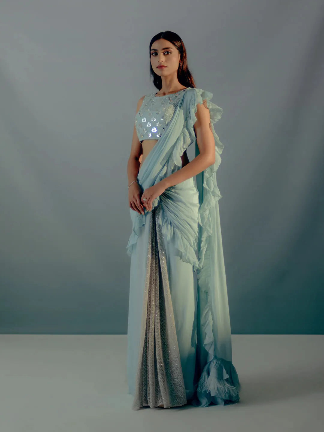 Mint blue ruffle concept saree & embroidered blouse set)