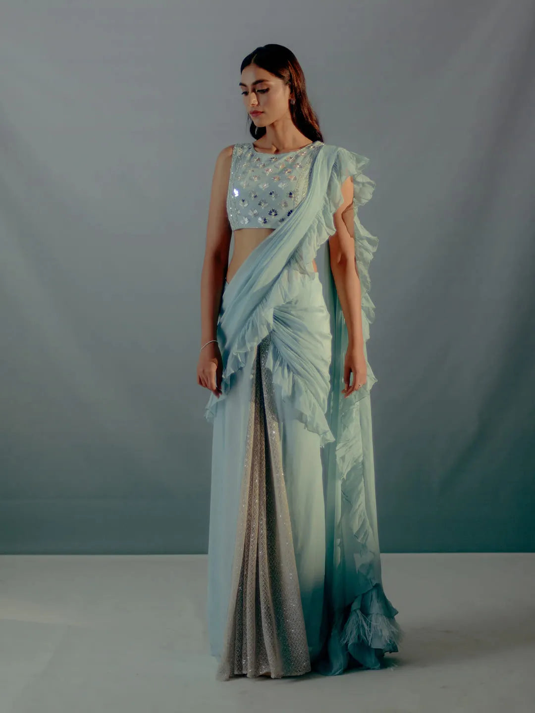 Mint blue ruffle concept saree & embroidered blouse set)