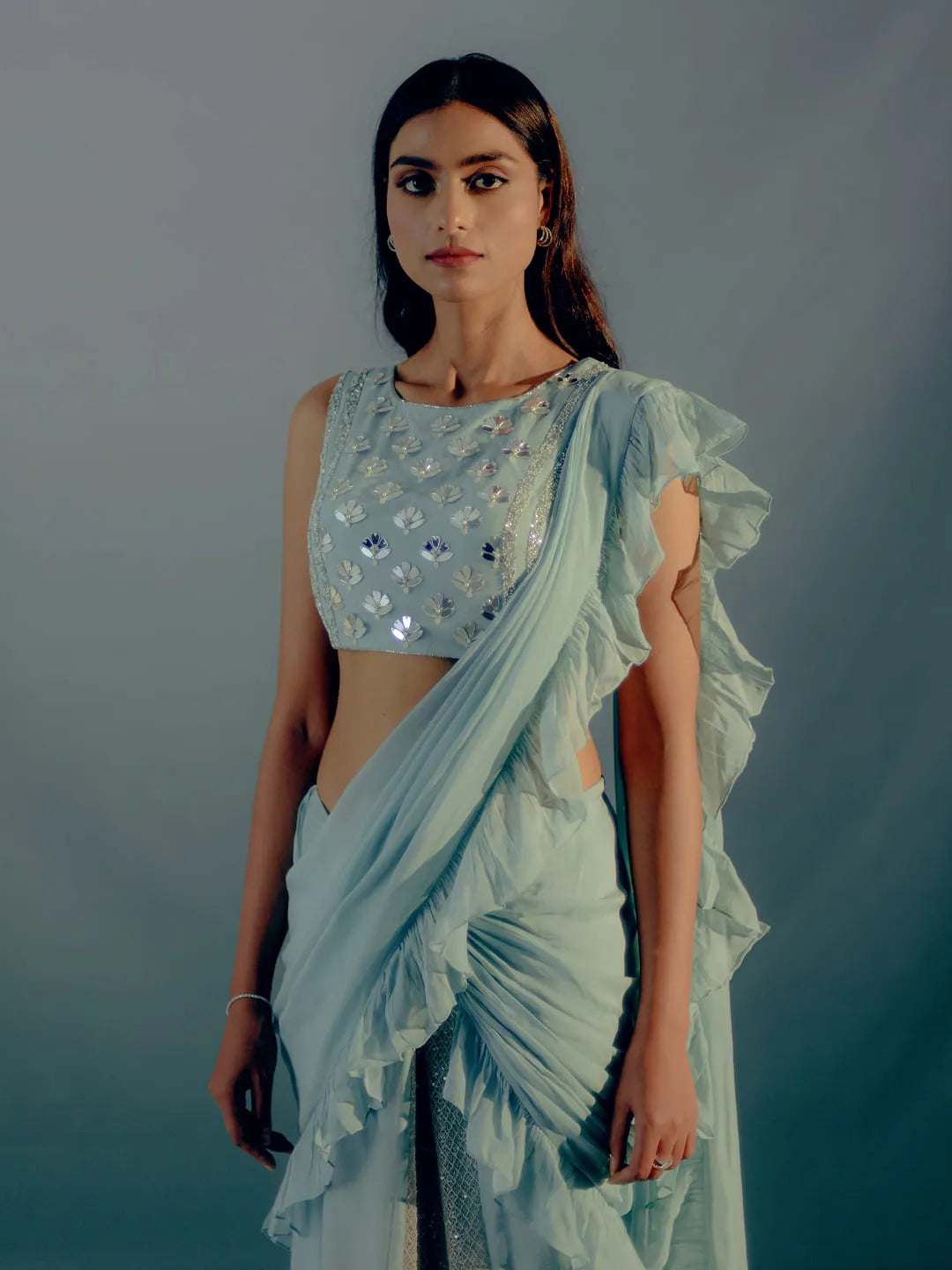 Mint blue ruffle concept saree & embroidered blouse set)