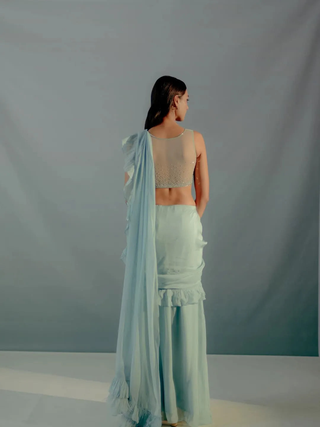 Mint blue ruffle concept saree & embroidered blouse set)