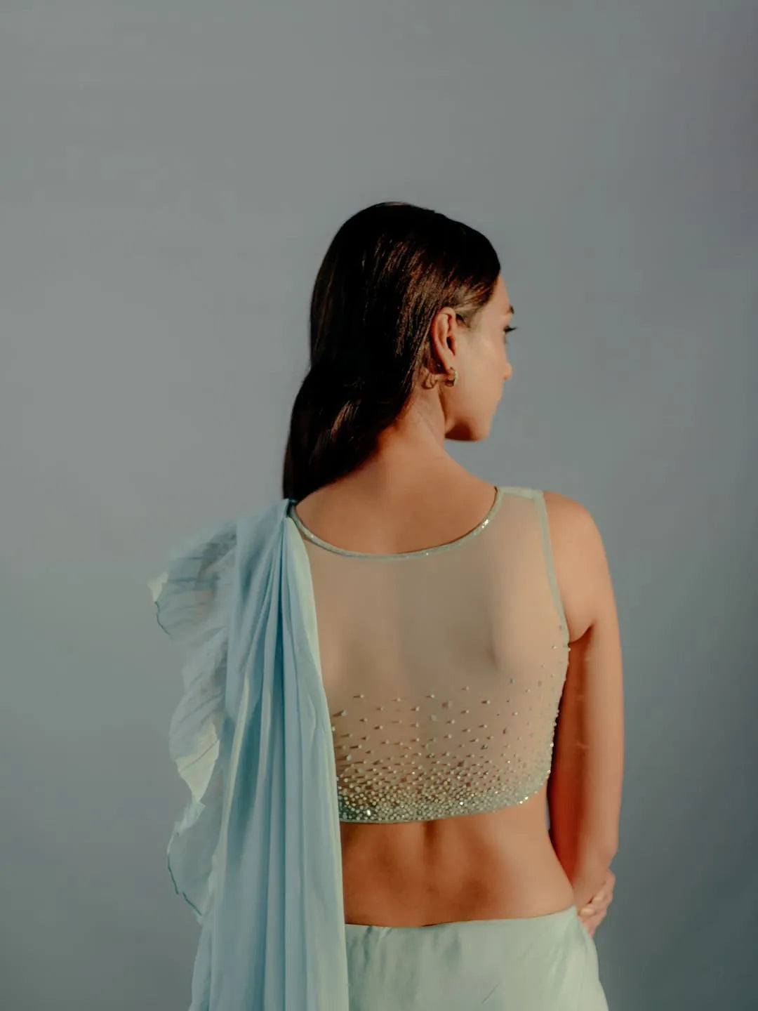 Mint blue ruffle concept saree & embroidered blouse set)