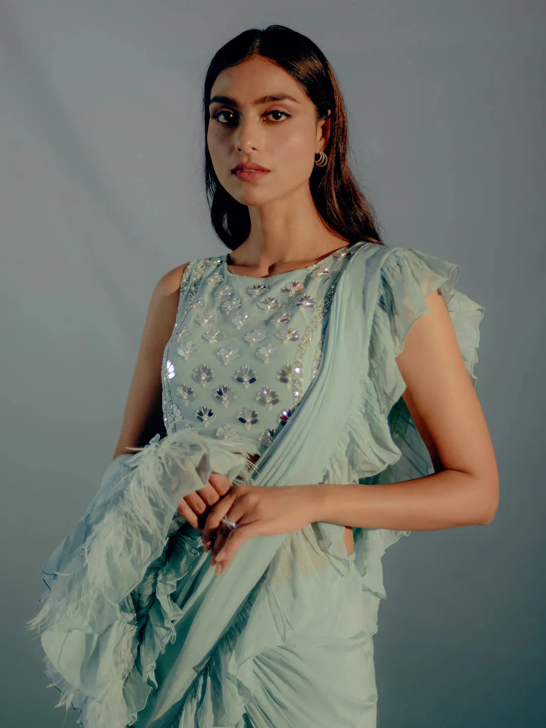 Mint blue ruffle concept saree & embroidered blouse set)