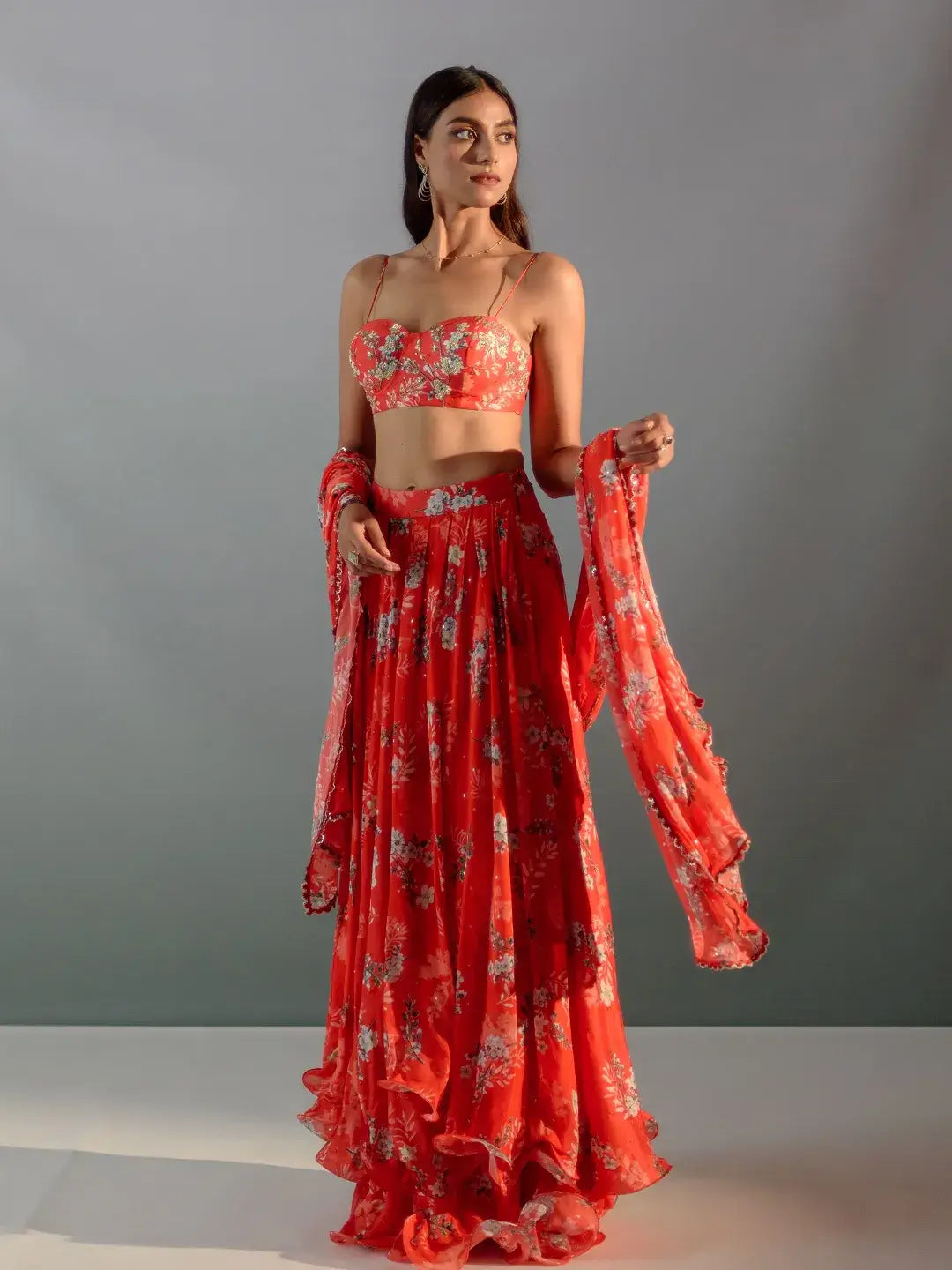Scarlet floral layered ruffle lehenga set