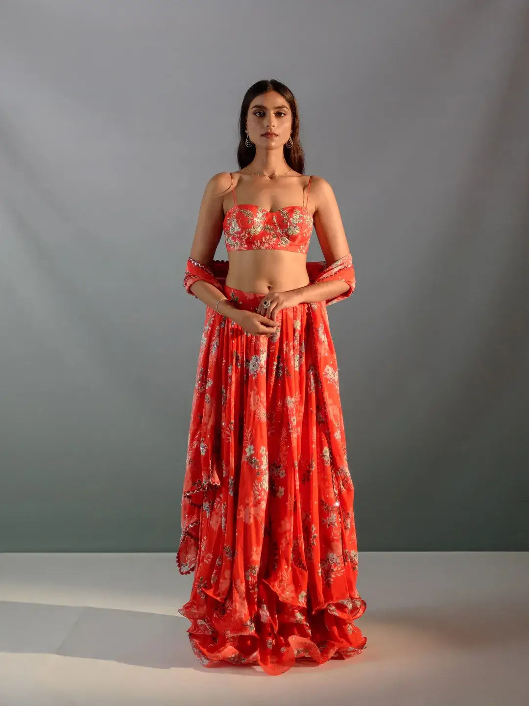 Scarlet floral layered ruffle lehenga set