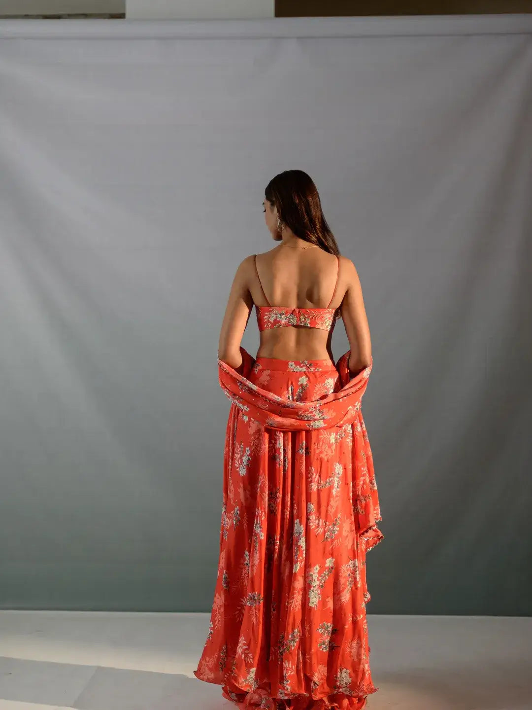 Scarlet floral layered ruffle lehenga set