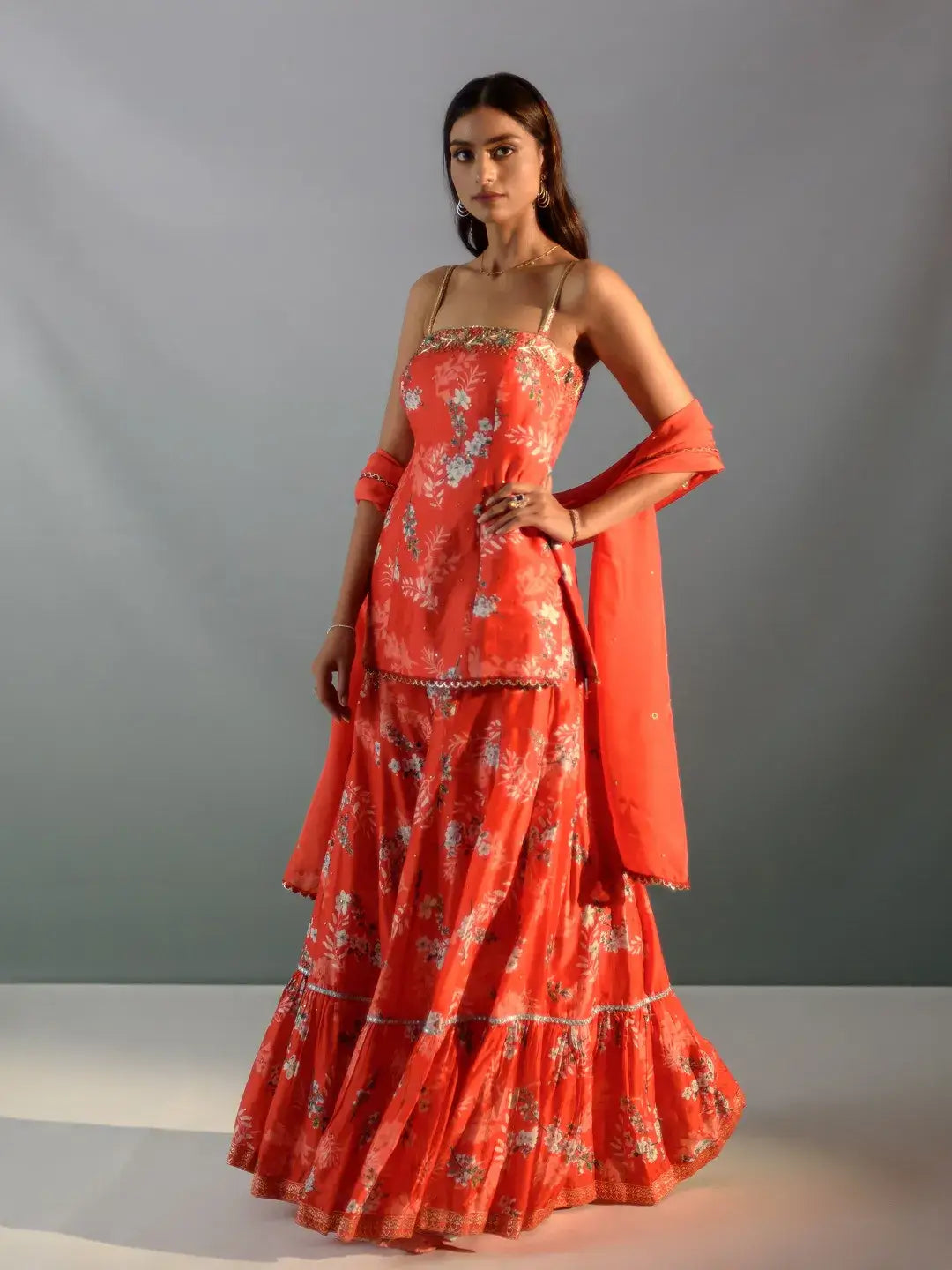Scarlet floral tiered sharara/kurta set