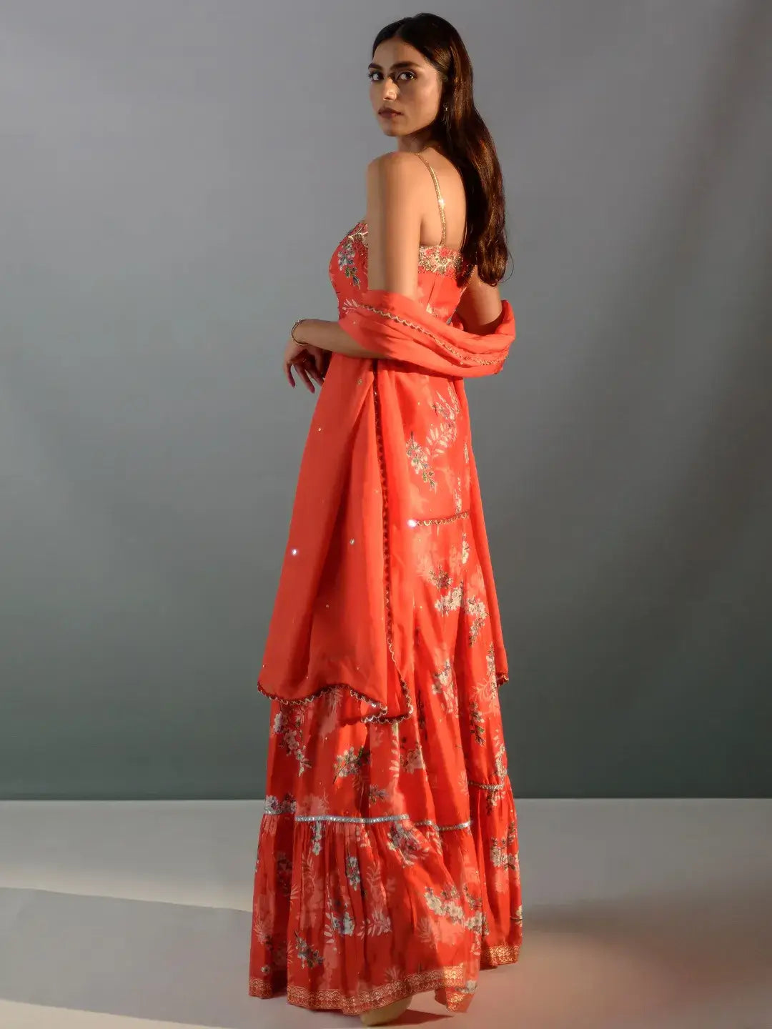Scarlet floral tiered sharara/kurta set